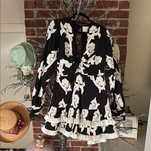 Alexis Black and White Floral Mini Dress with Back Cut Out and Raffia Trim